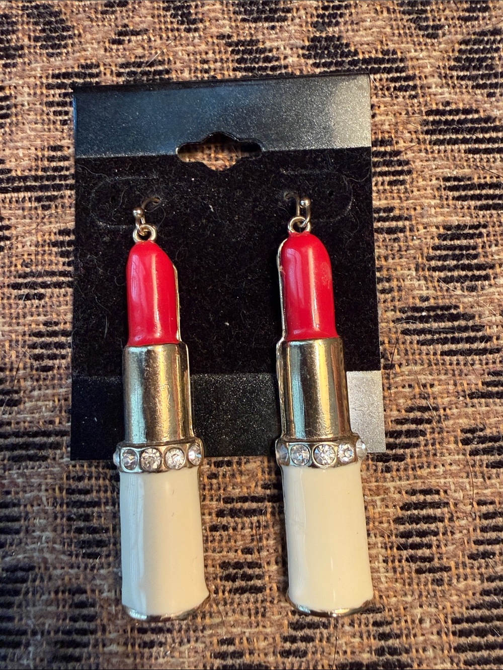 Novelty Red Lipstick Dangle Earrings with Rhinestones